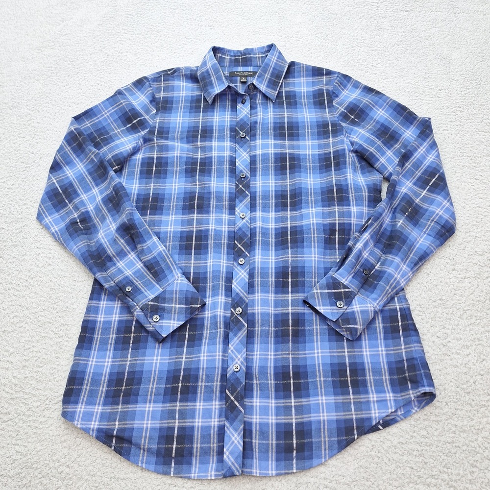 Banana Republic Shirt Womens Small Tall Dillon Blue Plaid Metallic‎ Button Up